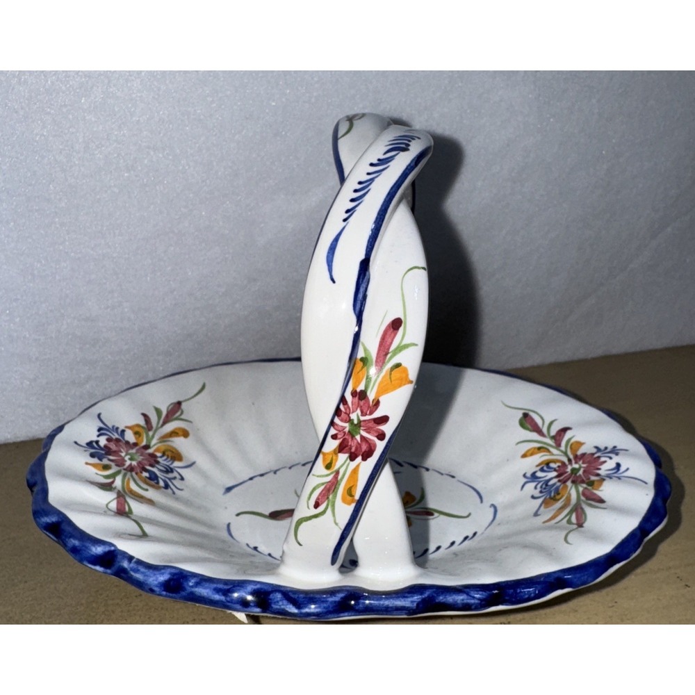 Signed, hand painted porcelain basket bowl, braided handle, floral,‎ Portugal